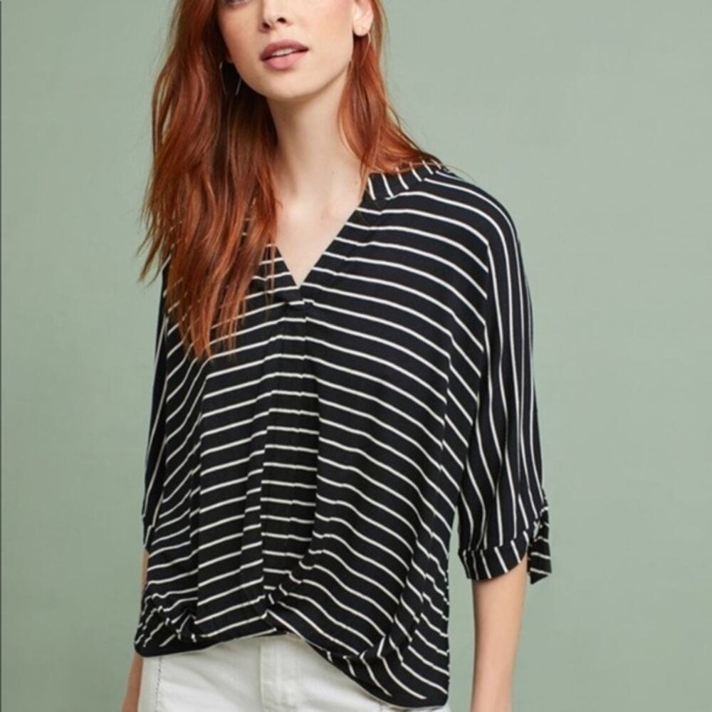 Akemi + Kin‎ Anthropologie Striped Twist Front Tie Sleeve Blouse Black White XS